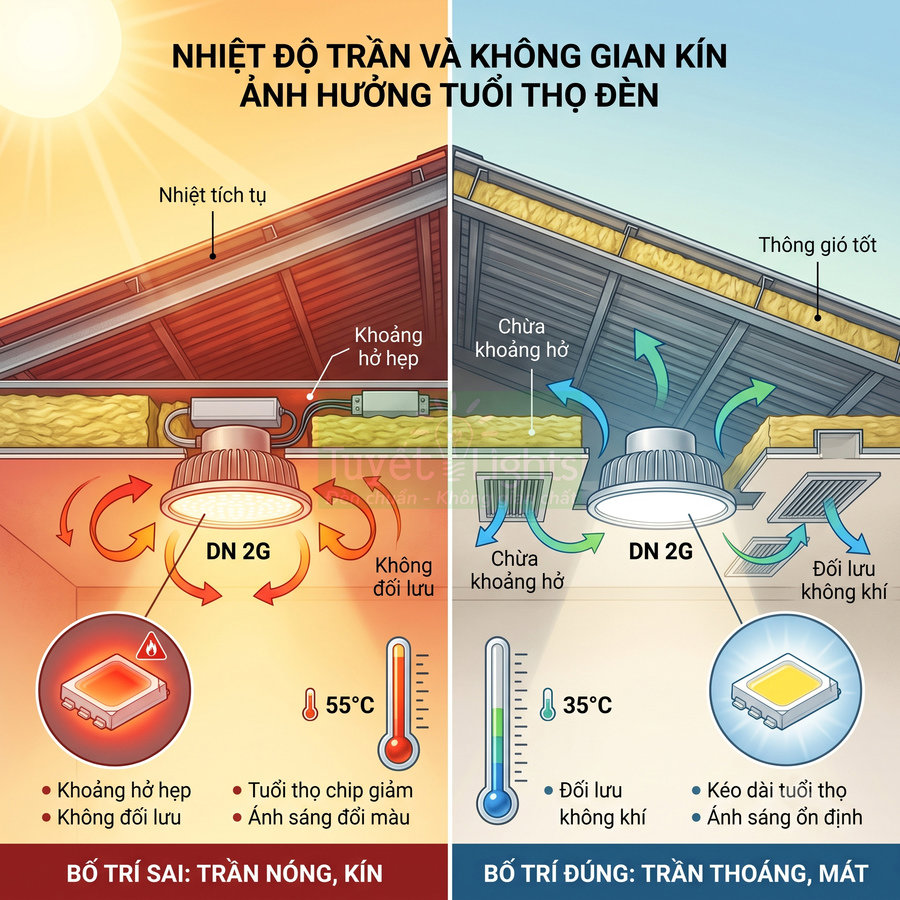 So sánh bố trí đèn âm trần DN 2G ở trần nóng kín và trần thoáng mát, minh họa ảnh hưởng nhiệt độ trần